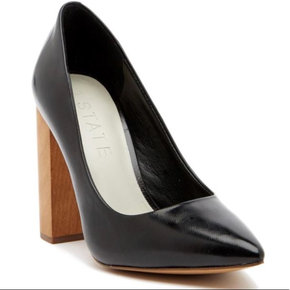 1. State black leather block heel pump